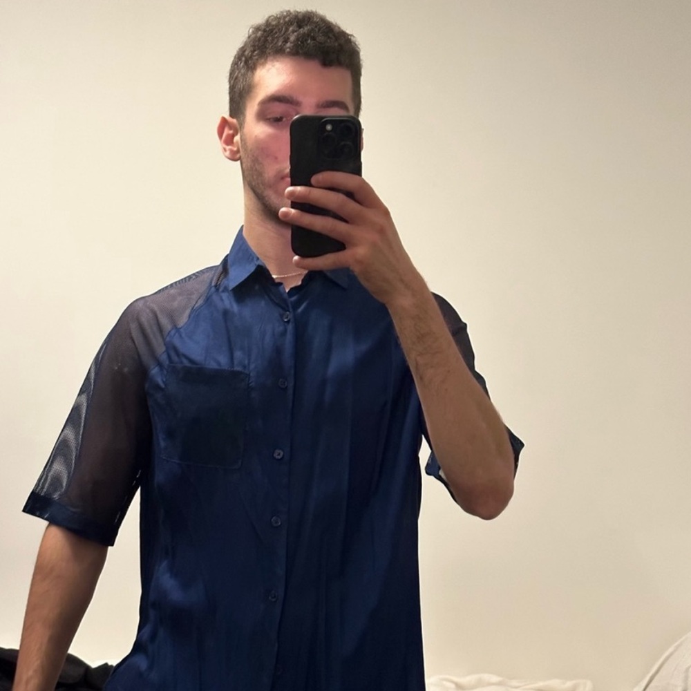 Blue mesh button down shirt